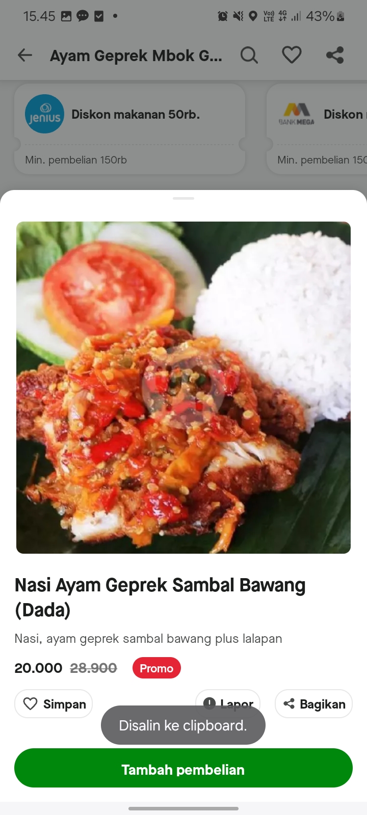 Nasi Ayam Geprek Sambal Bawang (Dada)
